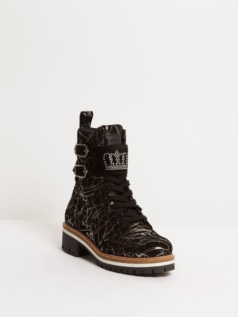 Kingsley Lisbon Swarovski Biker Boots graffiti black silver, crystal front view