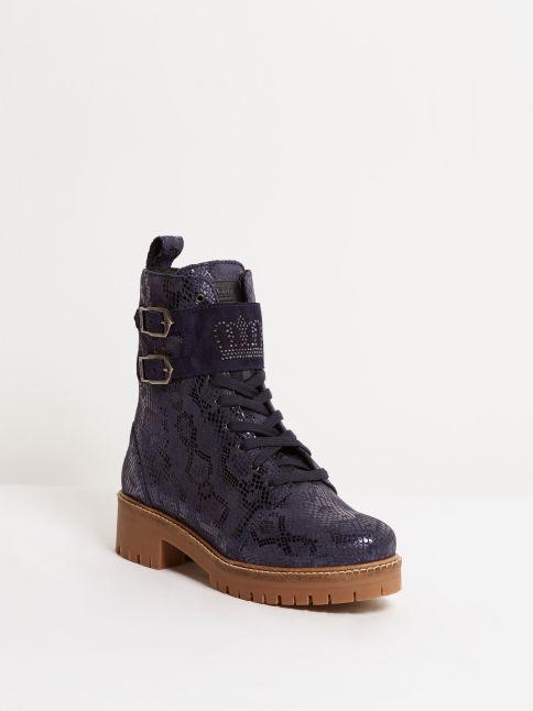 Kingsley Lisbon Swarovski Biker Boots Blue Scales, graphite Front View