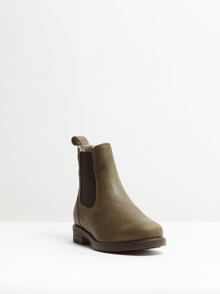 Kingsley Amsterdam Chelsea Boots with Taupe Sheepskin gaucho green, brown front view